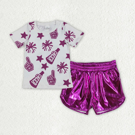 Baby Girls Cheer Hot Pink Team Tops Leather Shorts Clothes Sets