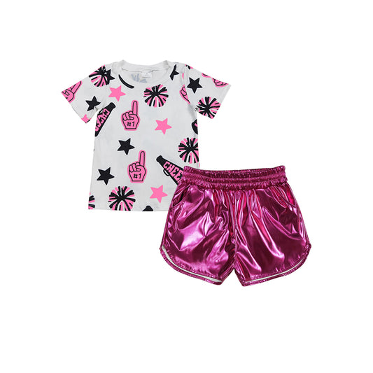 Baby Girls Pink Firework Stars Top Pockets Pleather Short Set Preorder
