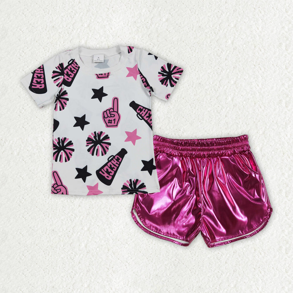 Sibling Baby Girls Cheer Team Shirts Top Leather Shorts Summer Clothes Sets