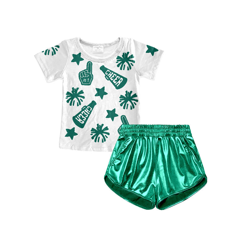 Baby Girls Green Firework CHEER Top Pockets Pleather Short Set Preorder