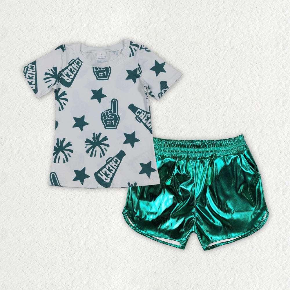 Baby Girls Cheer Green Team Tops Leather Shorts Clothes Sets