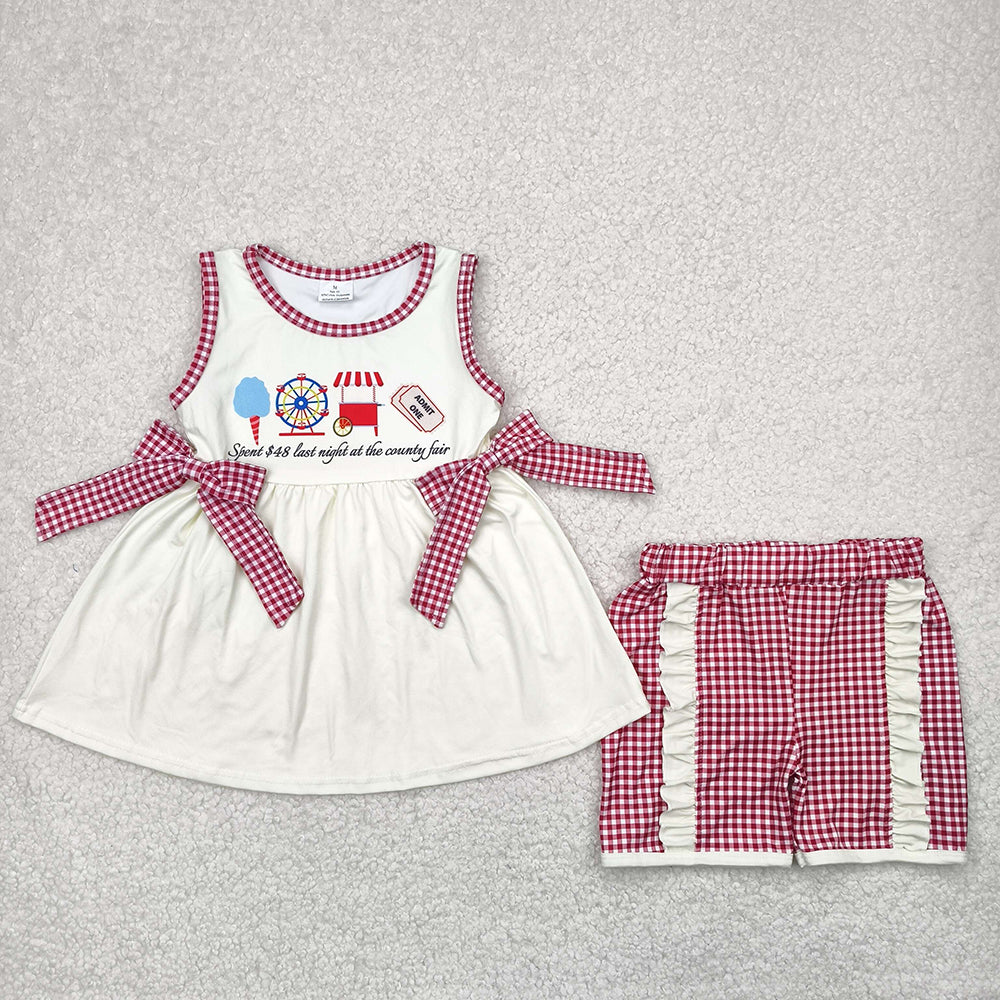 Baby Girls Ice Cream Store Bows Tunic Red Plaid Ruffle Shorts Sets