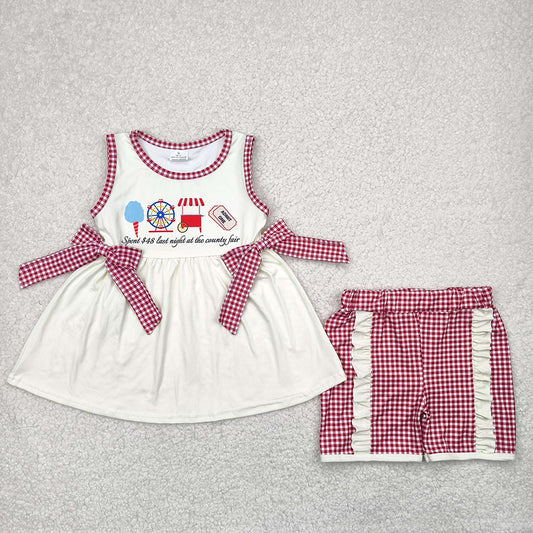 Baby Girls Ice Cream Store Bows Tunic Red Plaid Ruffle Shorts Sets
