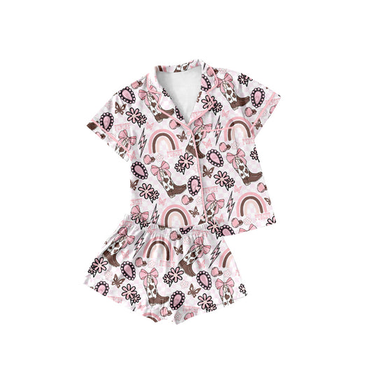 Preorder moq 5 Baby Girls Boots Rainbows Button Pocket Top Short Pajamas Set
