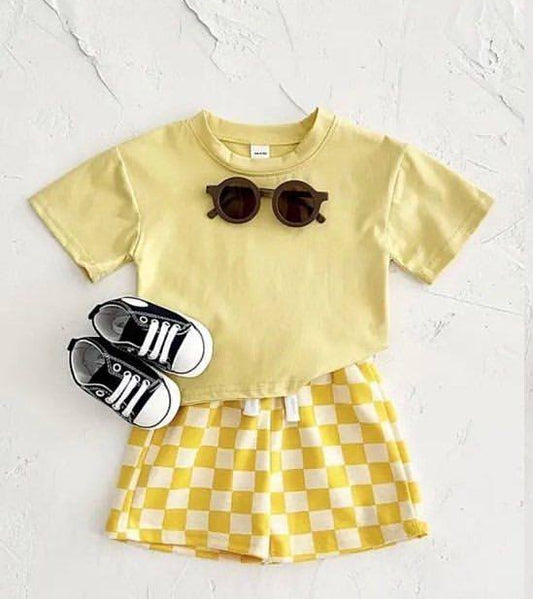 Preorder moq 5 Baby Girls Yellow Short Sleeves Top Plaid Short Set