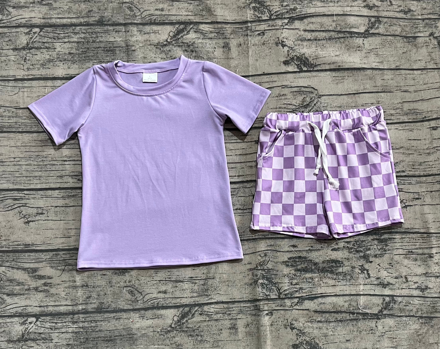 Baby Girls Lavender Short Sleeves Top Plaid Shorts Sets
