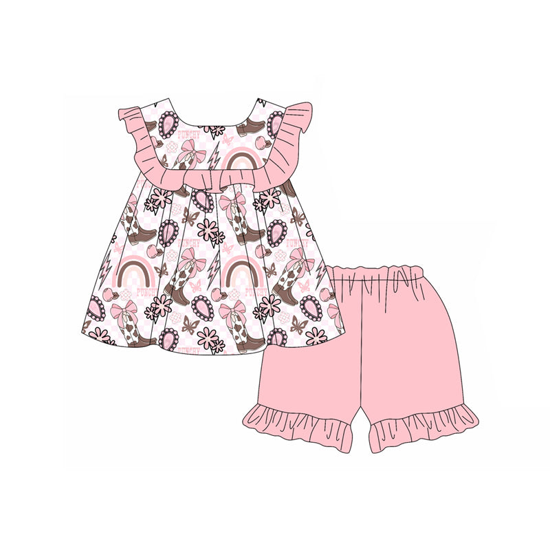 Baby Girls Pink Sleeveless Boots Rainbows Top Ruffle Short Set Preorder