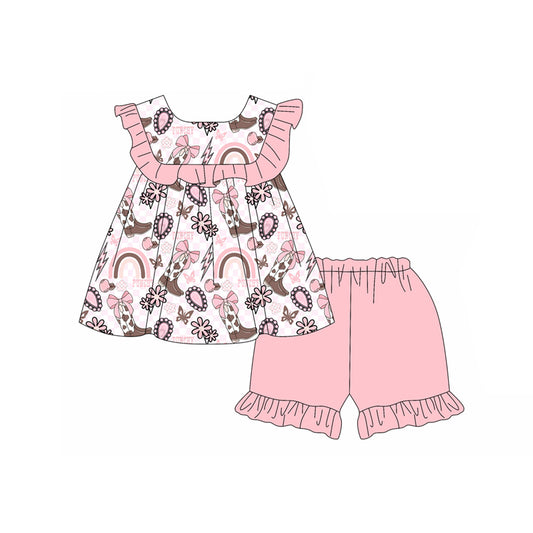 Baby Girls Pink Sleeveless Boots Rainbows Top Ruffle Short Set Preorder