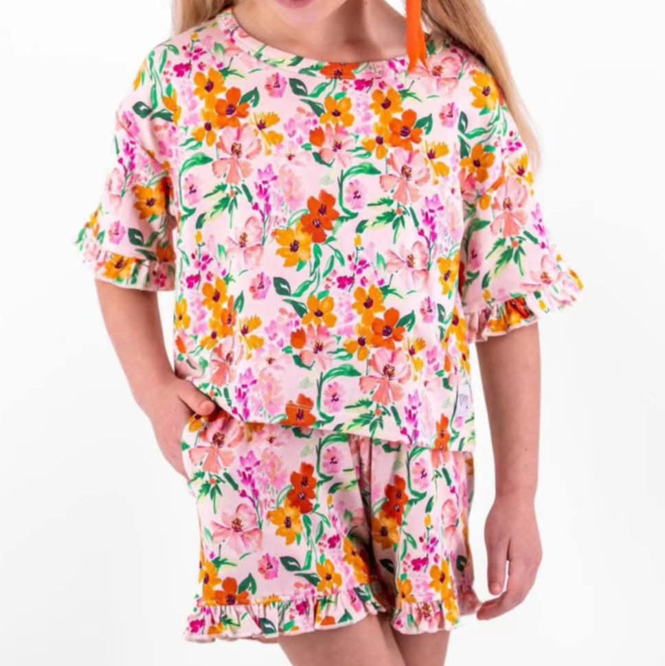 Baby Girls Pink Short Ruffle Sleeves Floral Top Short Pajamas Set Preorder