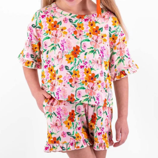 Baby Girls Pink Short Ruffle Sleeves Floral Top Short Pajamas Set Preorder