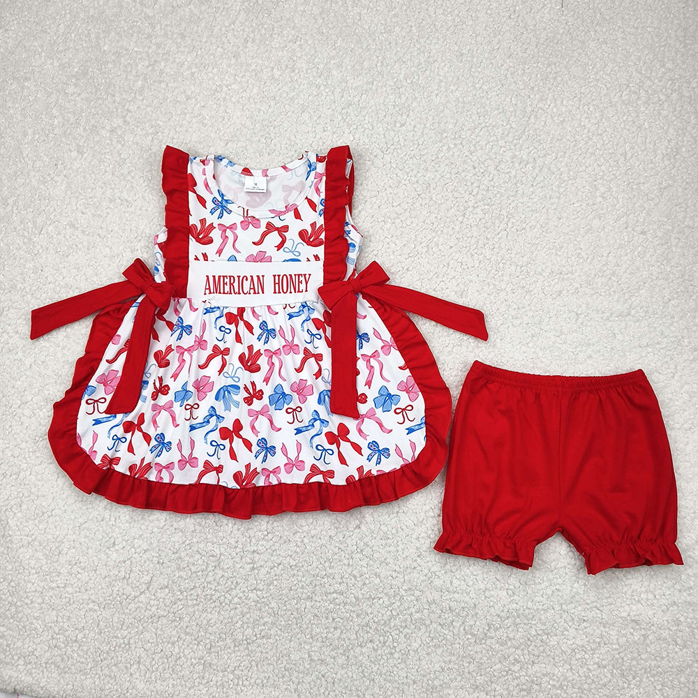 Sibling Baby Girls American Honey Bows 4th Of July Rompers Outfits