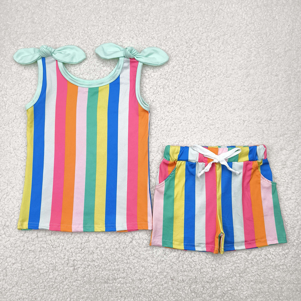 Baby Girls Sleeveless Colorful Stripe Top Pockets Shorts Sets