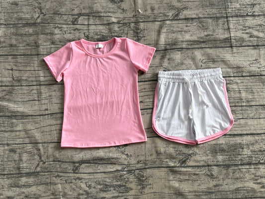Baby Girls Pink Short Sleeves Top Stripes Shorts Sets