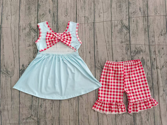 Preorder moq 5 Baby Girls Sleeveless Park Tunic Red Plaid Ruffle Short Set