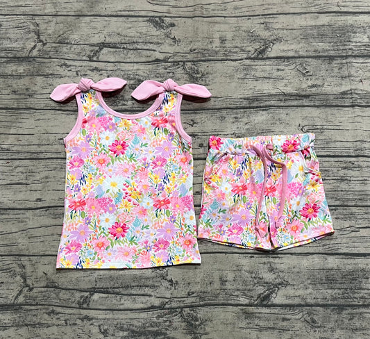 Baby Girls Pink Bows Strap Floral Top Pockets Shorts Sets