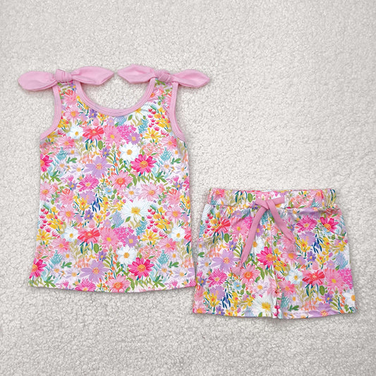 Baby Girls Pink Bows Strap Floral Top Pockets Shorts Sets