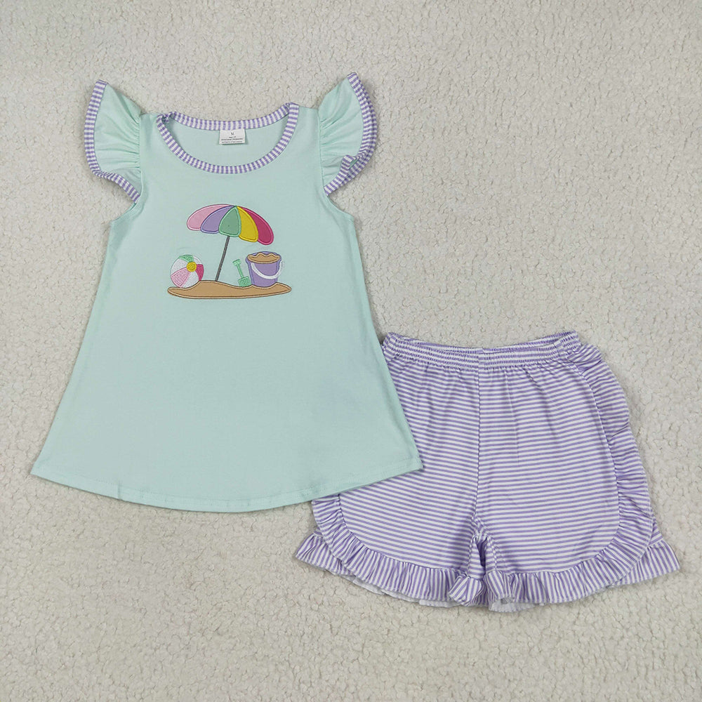 Embroidery Baby Girls Flutter Sleeves Beach Tunic Lavender Stripe Shorts Sets