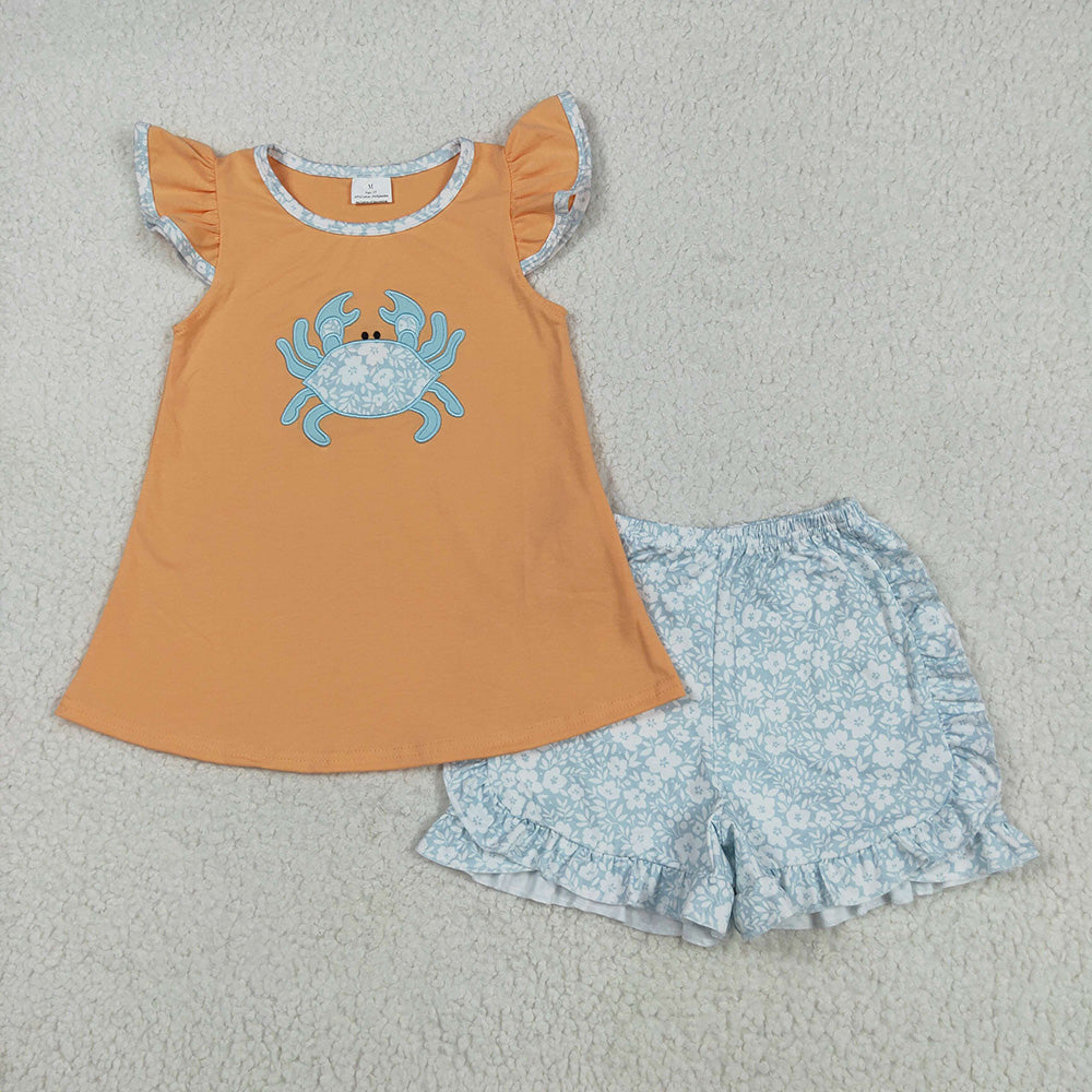 Sibling Embroidery Baby Girls Orange Crab Rompers Outfits Sets
