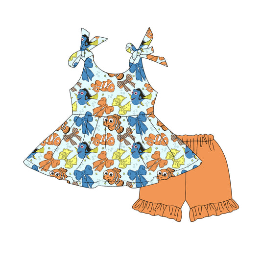 Preorder moq 5 Baby Girls Strap Cartoon Fishes Bows Tunic Ruffle Short Set