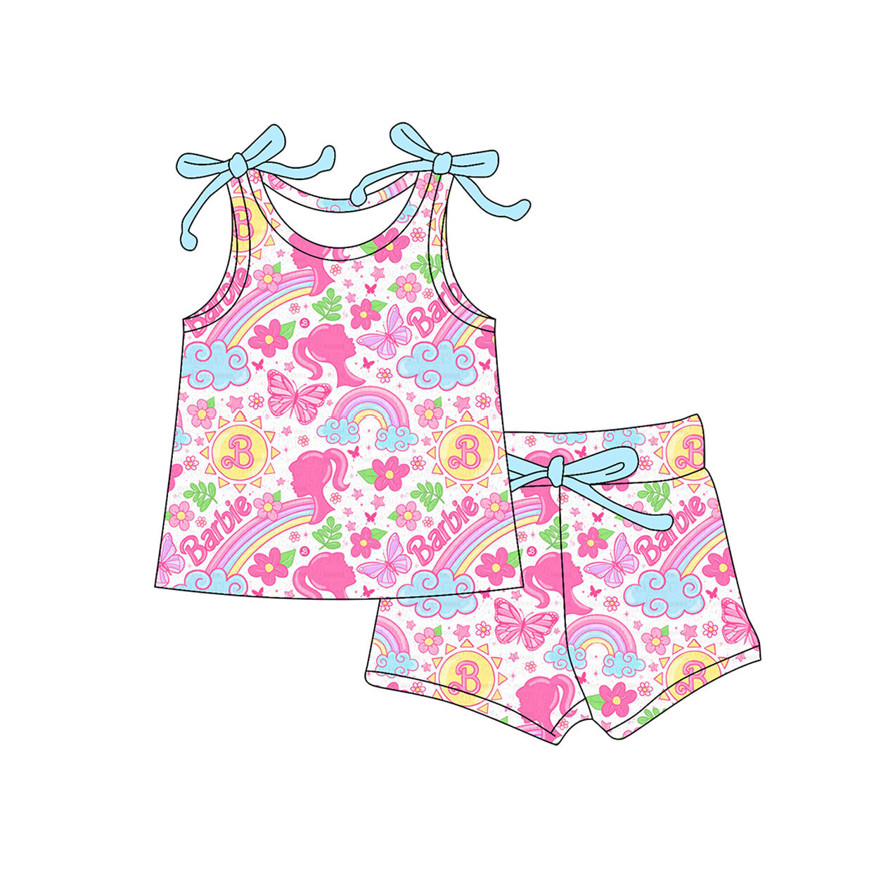 Baby Girls Bows Sleeveless Cartoon Dolls Flowers Top Short Set Preorder