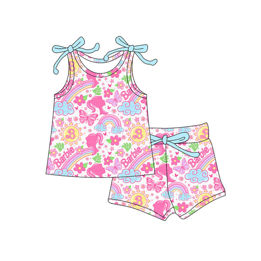 Baby Girls Bows Sleeveless Cartoon Dolls Flowers Top Short Set Preorder
