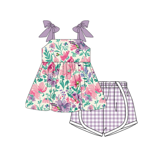 Preorder moq 5 Baby Girls Lavender Bows Strap Floral Tunic Plaid Short Set
