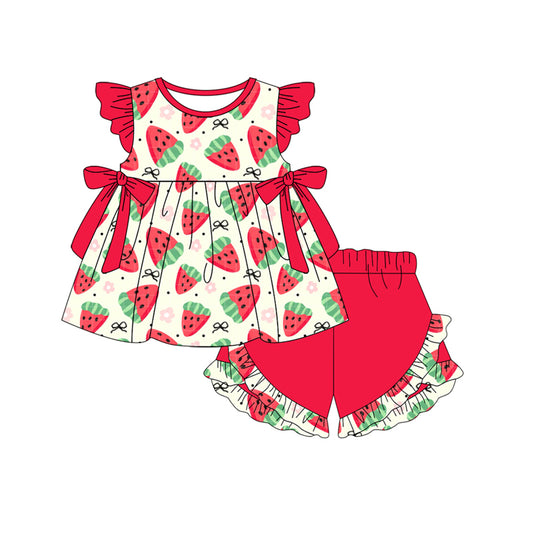 Preorder moq 5 Baby Girls Red Flutter Sleeves Bows Strawberry Tunic Ruffle Short Set