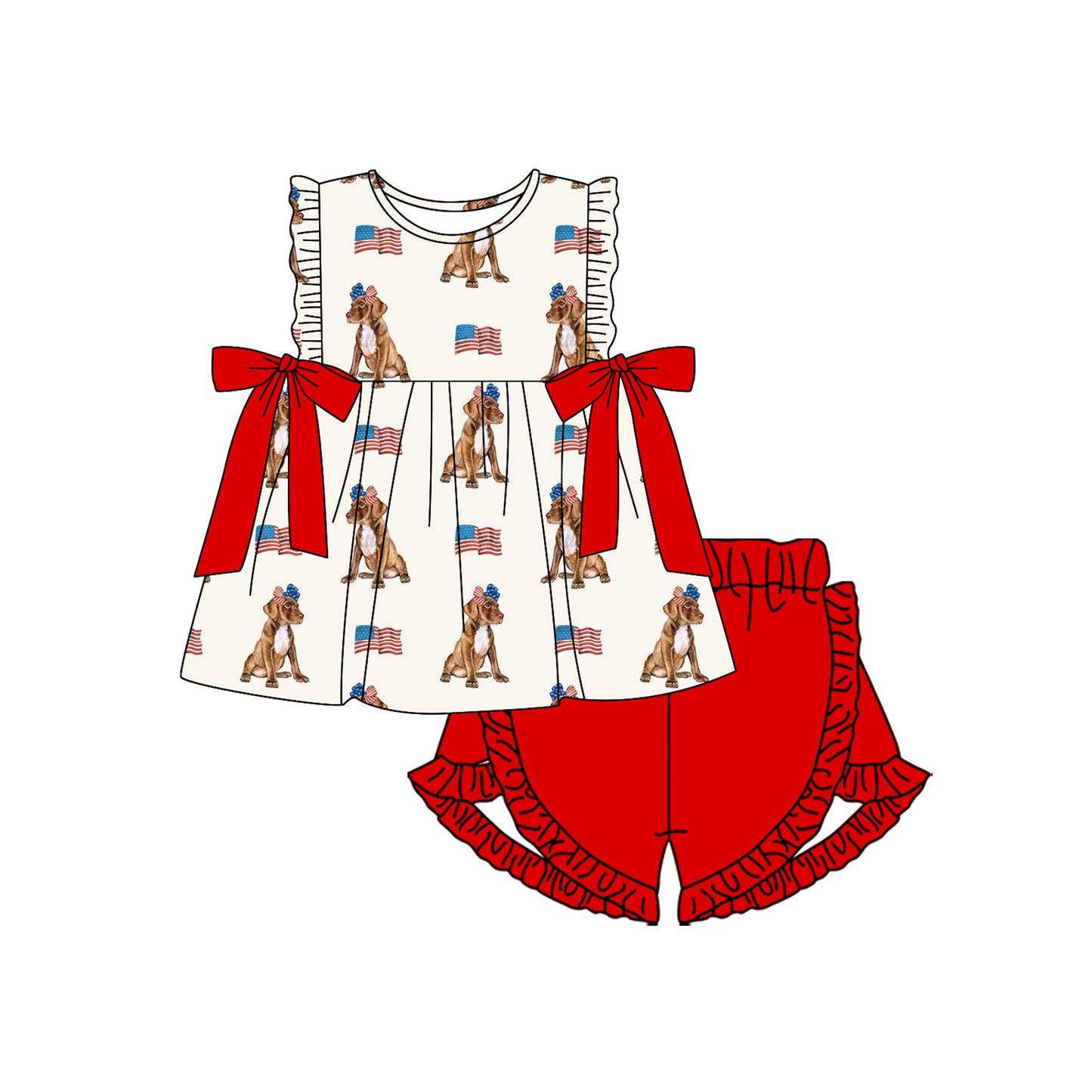 Baby Girls Sleeveless Flags Dogs Bows Tunic Ruffle Short 4th Of July Set Preorder