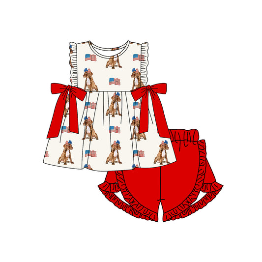 Baby Girls Sleeveless Flags Dogs Bows Tunic Ruffle Short 4th Of July Set Preorder