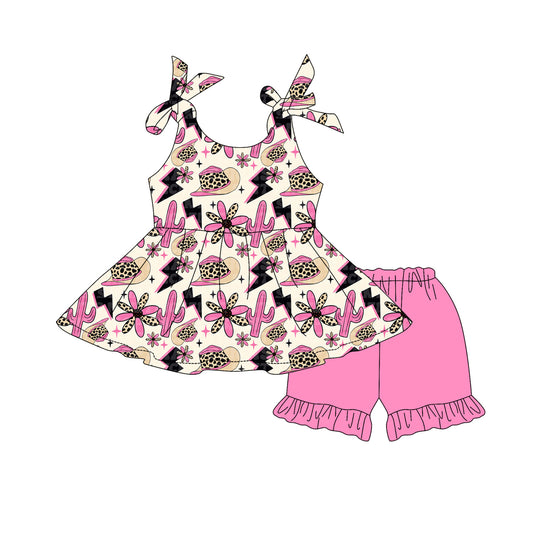Baby Girls Strap Flowers Hats Tunic Pink Ruffle Short Set Preorder
