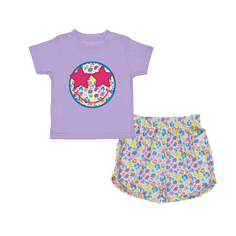 Baby Girls Lavender Short Sleeves Smile Top Colorful Leopard Short Set Preorder