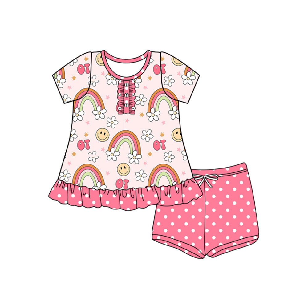 Baby Girls Short Sleeves Button Rainbows Smiles Tunic Polka Dots Short Set Preorder
