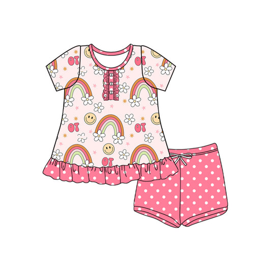 Baby Girls Short Sleeves Button Rainbows Smiles Tunic Polka Dots Short Set Preorder