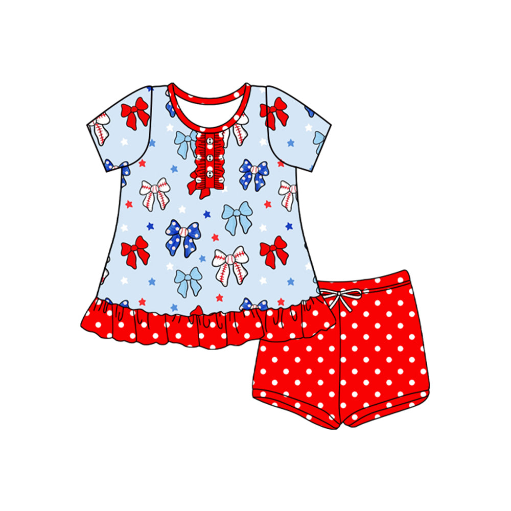 Preorder moq 5 Baby Girls Button Blue Red Bows Stars Tunic Polka Dots Short 4th Of July Set