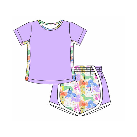 Baby Girls Purple Short Sleeves Top Colorful Dogs Shorts Set Preorder