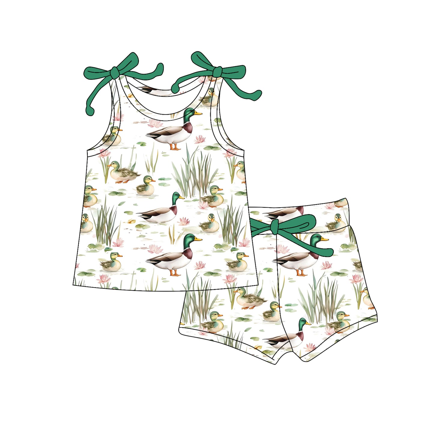 Baby Girls Green Bows Sleeveless Ducks Top Short Set Preorder