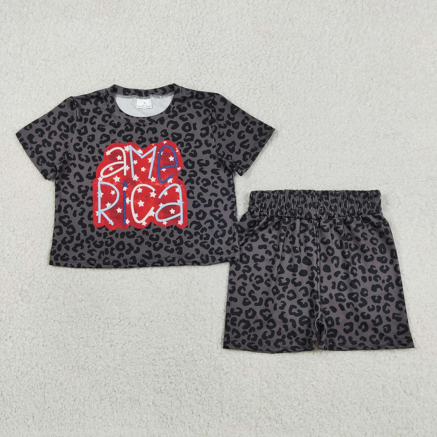 Baby Girls Black Leopard American Stars Top Short 4th Of July Slouchy Set