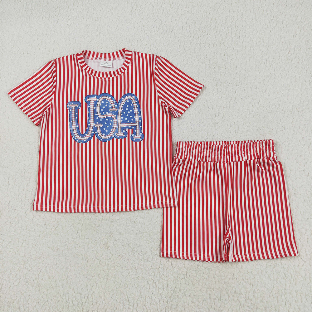 Baby Girls Red Stripe USA Top Short 4th Of July Pajamas Sets