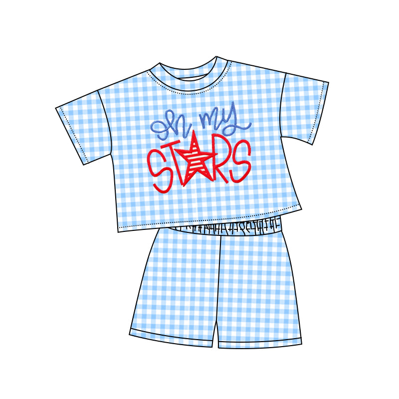 Preorder moq 5 Baby Girls Blue Plaid My Stars Top Shorts Pajamas Set