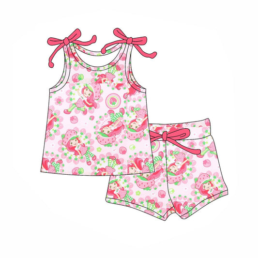 Preorder moq 5 Baby Girls Pink Sleeveless Strawberry Dolls Top Short Set