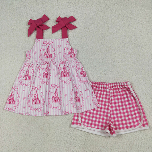 Baby Girls Pink Strap Castles Bows Tunic Plaid Short Sets