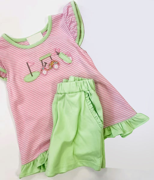 Baby Girls Pink Stripe Flutter Sleeves Golf Tunic Green Ruffle Pockets Short Set Preorder