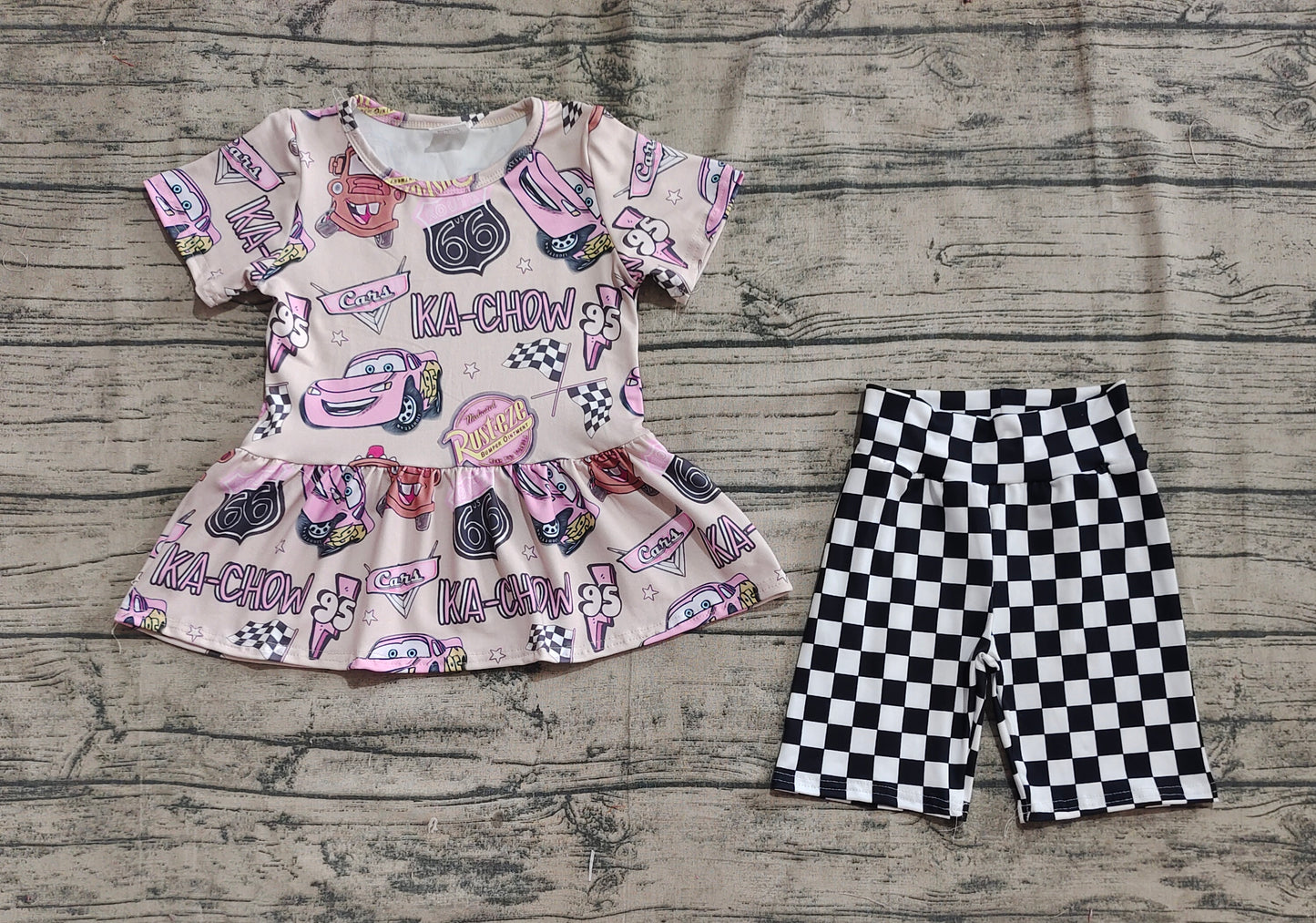 Preorder moq 5 Baby Girls Khaki Short Sleeves Cartoon Cars Tunic Black Short Set