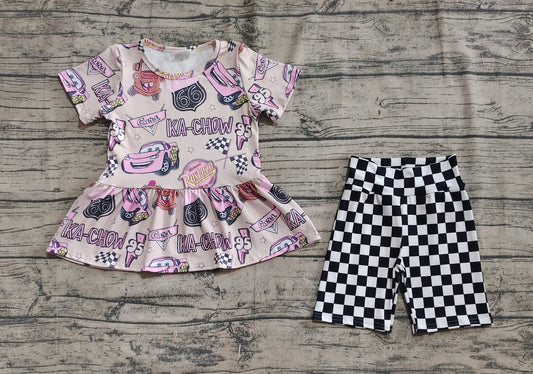 Preorder moq 5 Baby Girls Khaki Short Sleeves Cartoon Cars Tunic Black Short Set