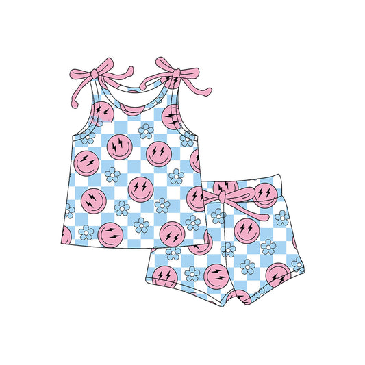 Baby Girls Sleeveless Pink Smiles Blue Plaid Flowers Top Short Set Preorder