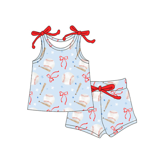 Baby Girls Sleeveless Bows Baseballs Top Short Set Preorder