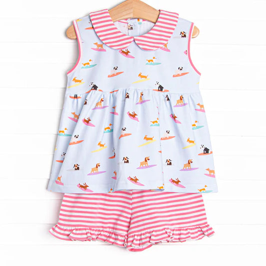 Baby Girls Black Sleeveless Dogs Staking Top Pink Stripe Ruffle Short Set Preorder