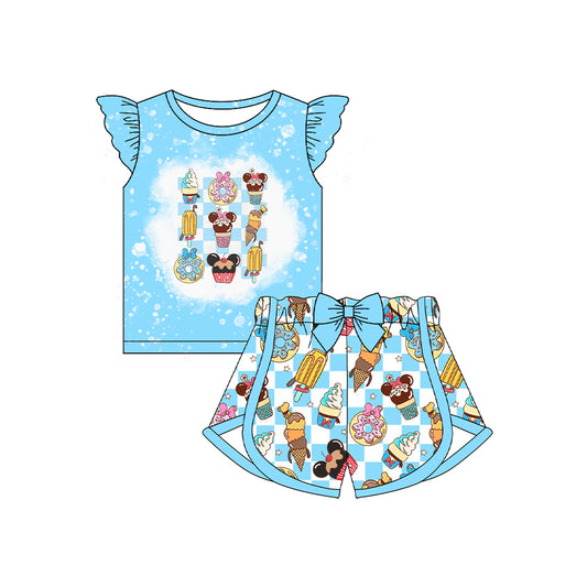 Baby Girls Blue Flutter Sleeves Cartoon Mouse Ice Cream Top Plaid Short Set Preorder