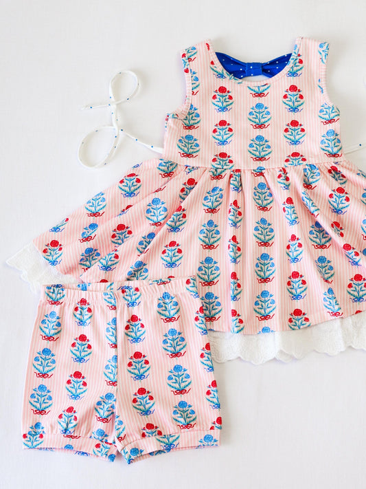 Baby Girls Pink Stripe Sleeveless Flowers Plaid Lace Tunic Short Set Preorder