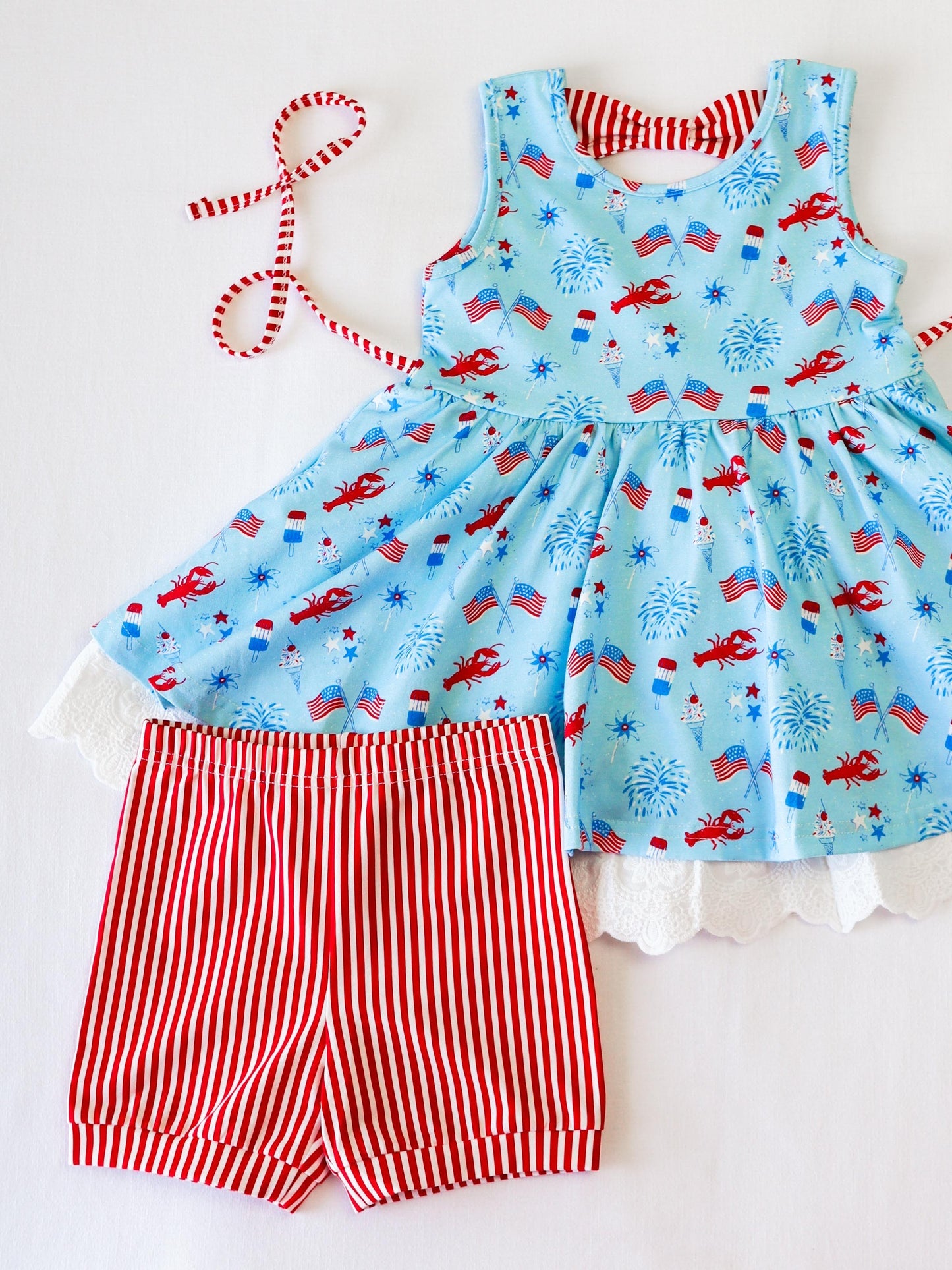 Baby Girls Blue Flags Firework Lace Tunic Red Stripe 4th Of July Short Set Preorder